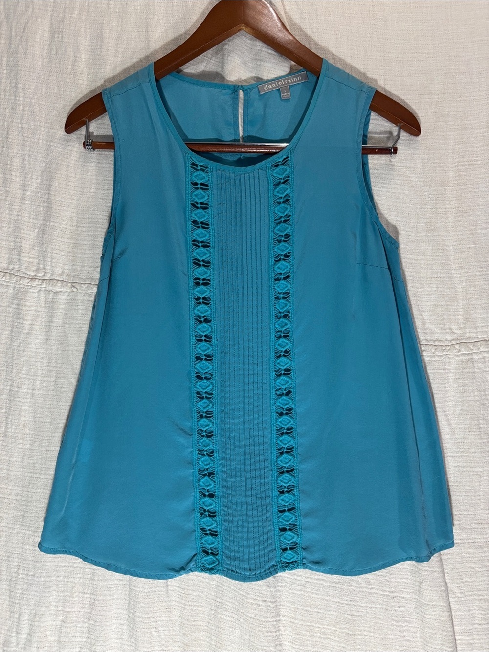 Daniel Rainn 100% Silk Teal Pleated Lace-Trim Tank Top Blouse Small EUC